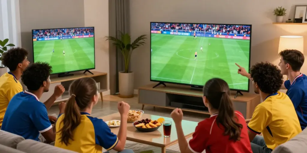 Fans enjoying an exciting football match on Xoilactv in a lively living room setting.