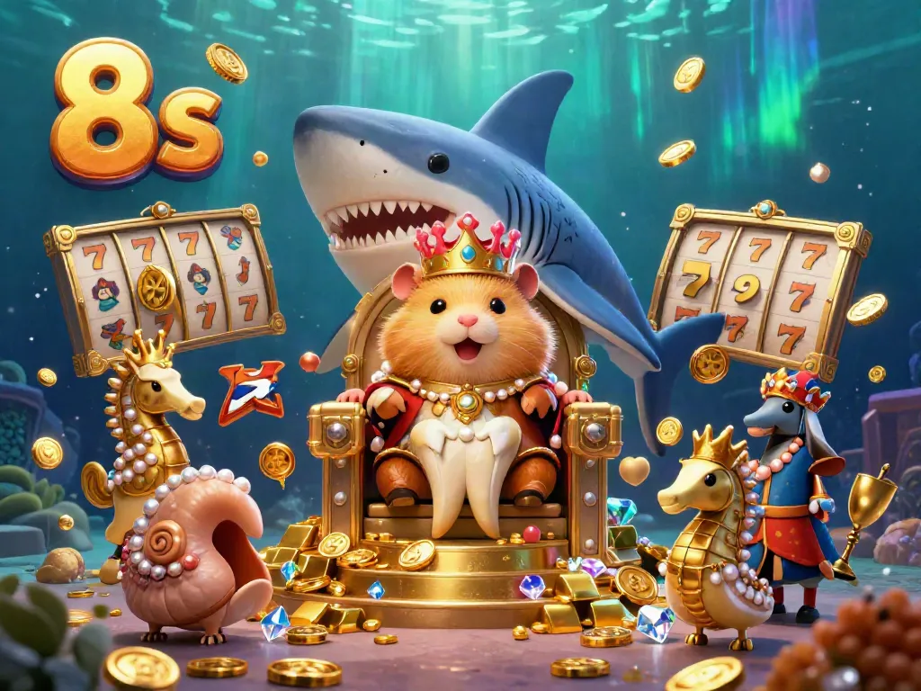 8s brings excitement with a fierce golden hamster king on a megalodon throne, surrounded by jackpot elements.