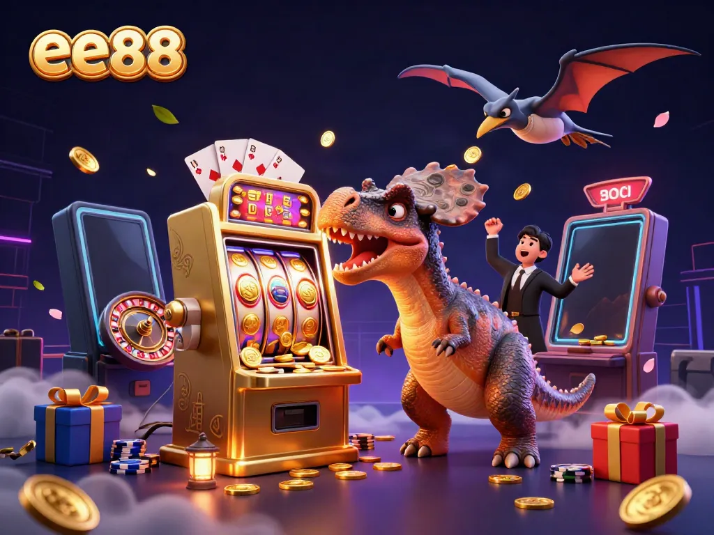 ee88 attracts players with a vibrant 3D illustration of casino excitement and colorful slot machines.