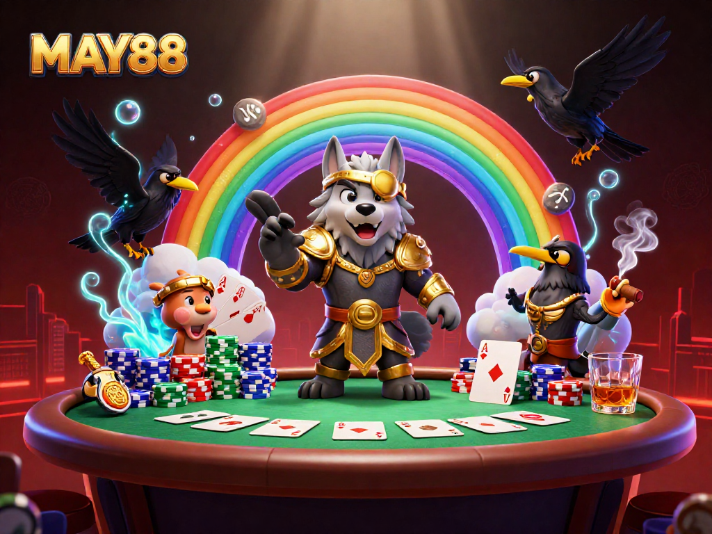Engage with the thrilling world of MAY88, showcasing fantasy characters in a vibrant casino scene.