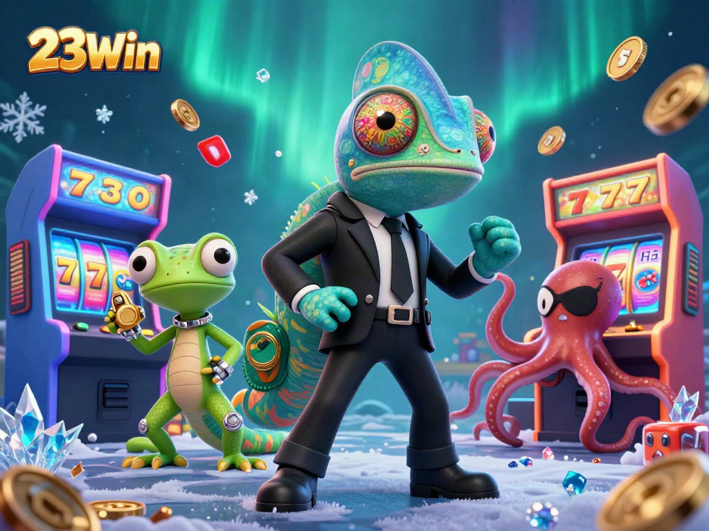 Engage with 23Win through an exhilarating 3D cartoon casino adventure featuring vibrant characters and colorful slot elements.