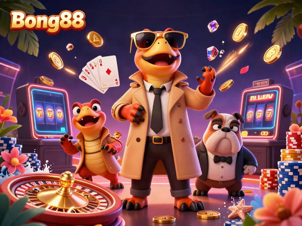 Bong88 raptors in trench coat trying to access casino VIP area amidst sparkling coins and roulette wheel.