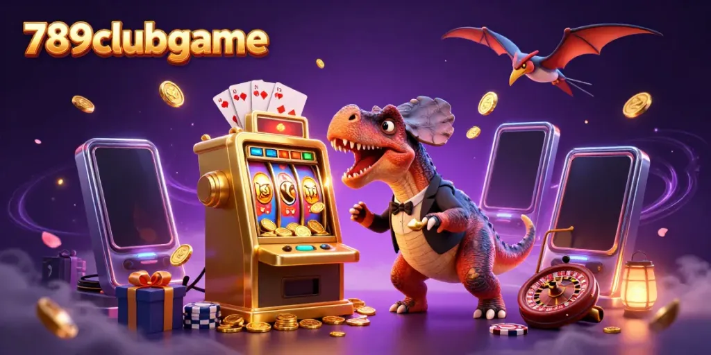 Experience the excitement of 789clubgame as a dinosaur wins big at a golden slot machine.