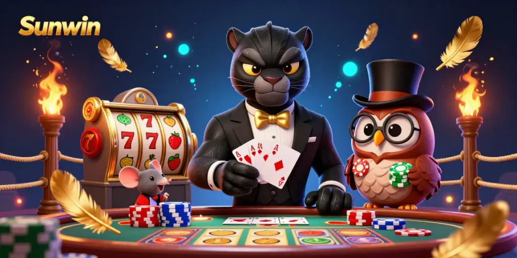 Experience the excitement at Sunwin casino with a stylish panther dealing cards and charming characters amidst vibrant game elements.