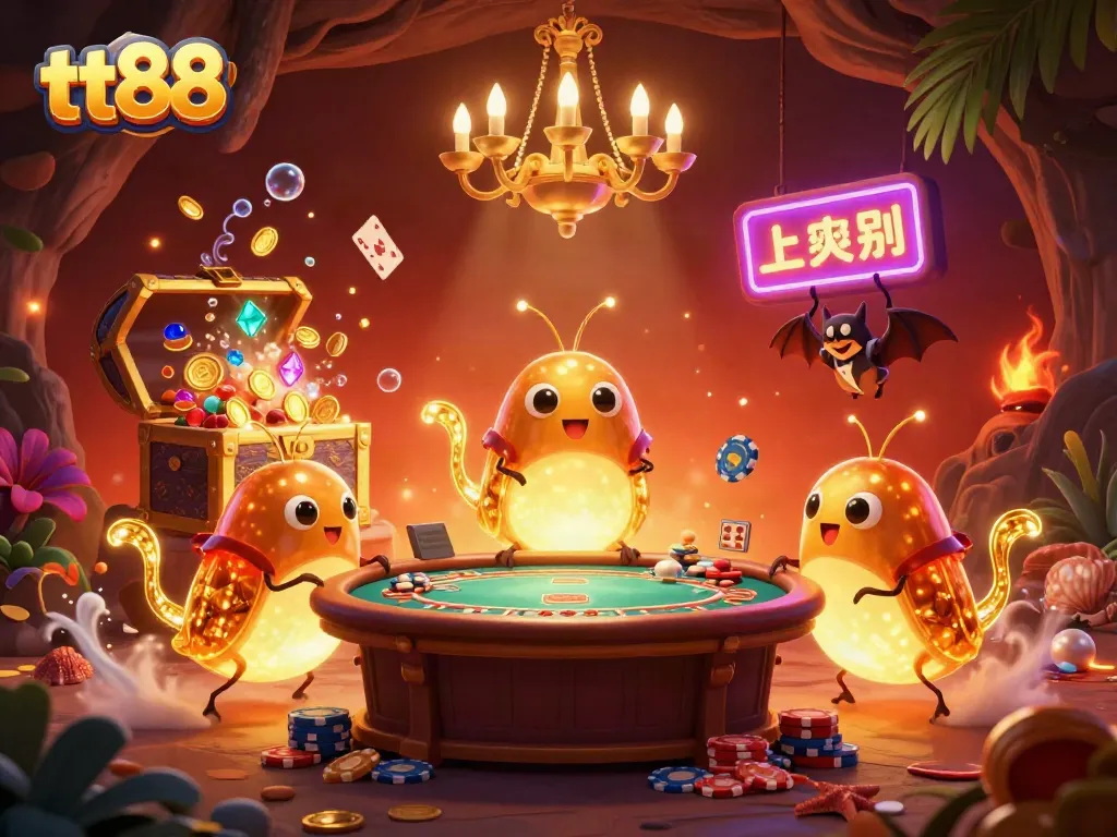 Engage with the vibrant tt88 casino scene featuring bioluminescent glowworms and a bat dealer.