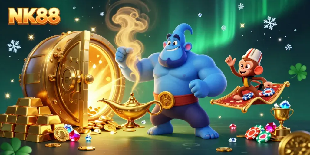 Win big with NK88's exciting casino scene featuring magical elements and treasures.