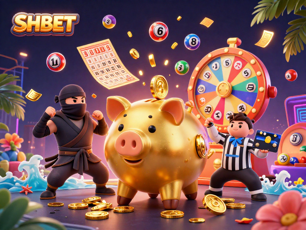 Experience the excitement of SHBET with vibrant lottery balls and animated characters celebrating wins.