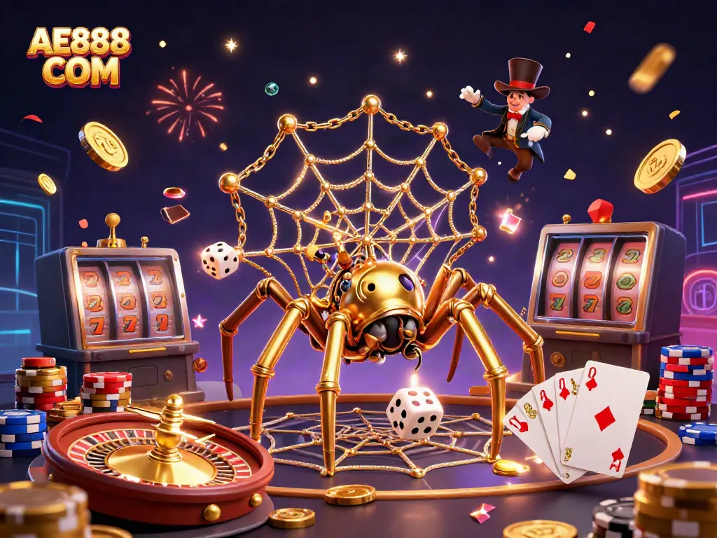 Engage with the excitement of AE888 COM through a vibrant 3D casino illustration, featuring dynamic gaming elements.