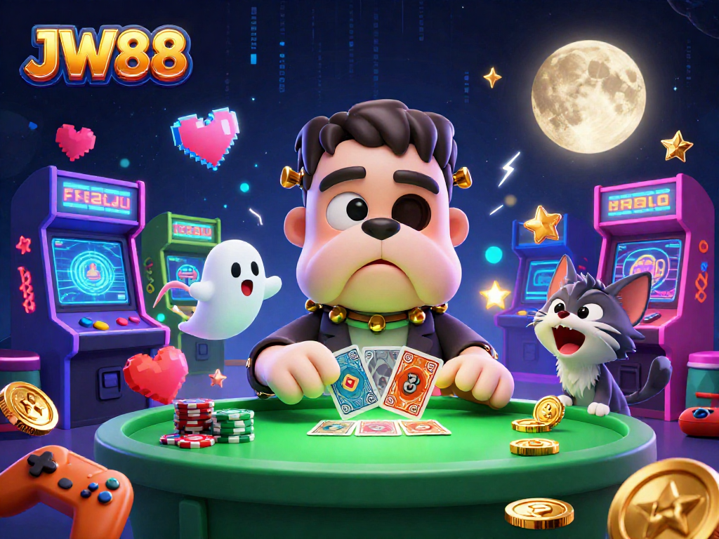 Win big at JW88 with vibrant 3D casino-themed illustration showcasing intense gaming action.