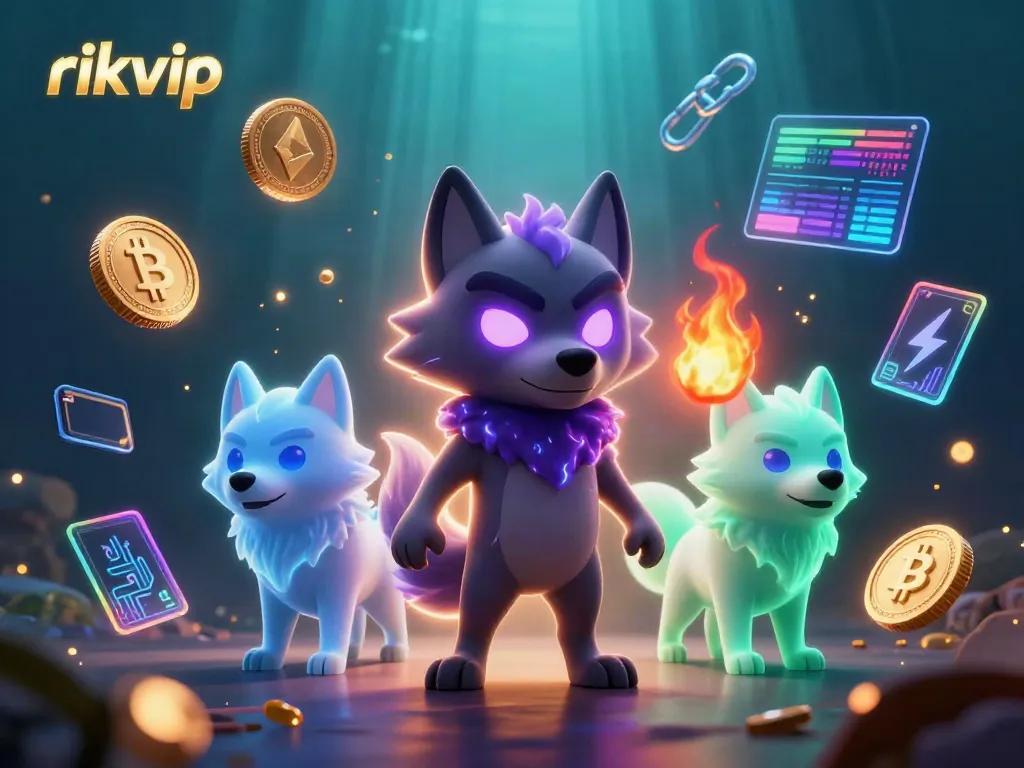 Engage with rikvip's vibrant casino world, featuring dynamic 3D wolves and cryptocurrency elements.