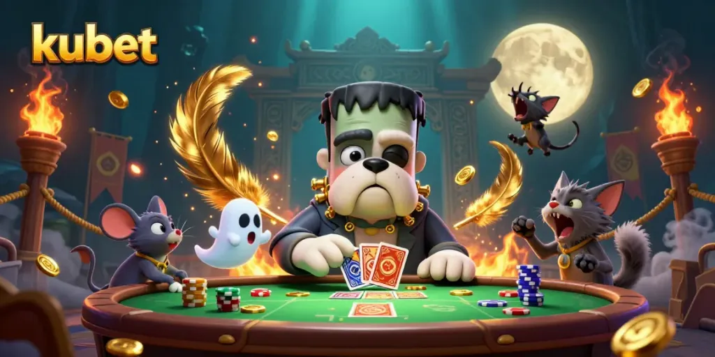 Engage in thrilling kubet gameplay with our vibrant casino scene featuring unique characters.