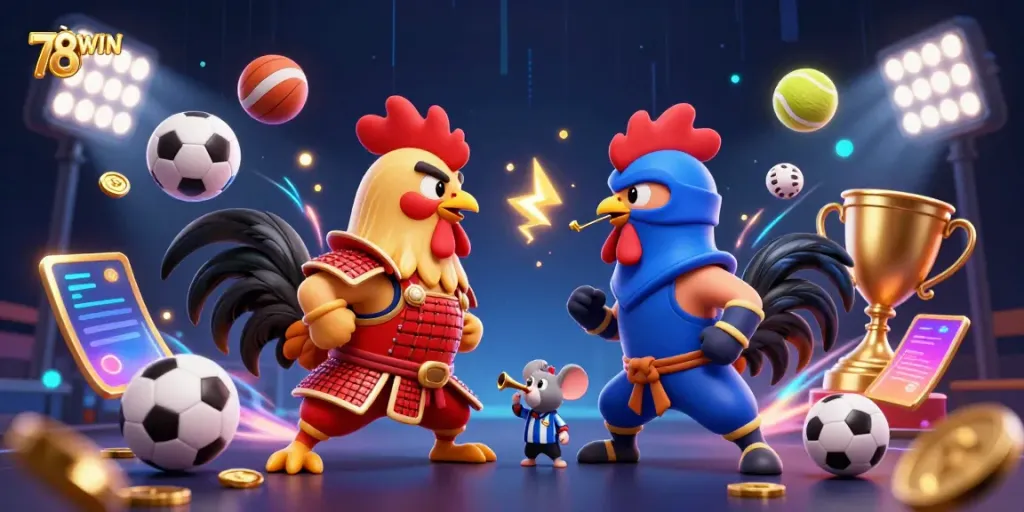 78WIN showcases twin roosters in an epic showdown, amidst dynamic sports elements and neon effects.