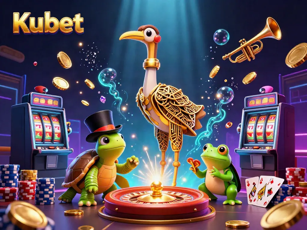 Kubet features a lively casino scene with cartoon characters celebrating amidst bright game elements.