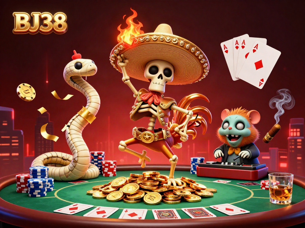 Engage with BJ38 in a vibrant scene featuring lively characters celebrating casino wins.