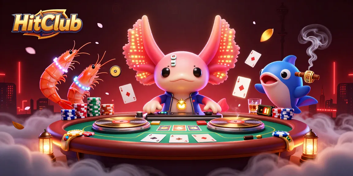 Engage with HitClub's vibrant casino scene featuring neon axolotl DJ and poker elements.