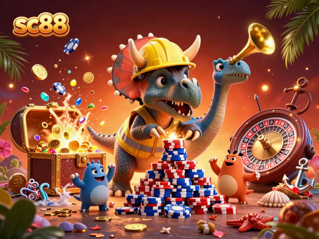 Experience sc88 as a triceratops builds a poker chip pyramid amidst a vibrant casino scene.