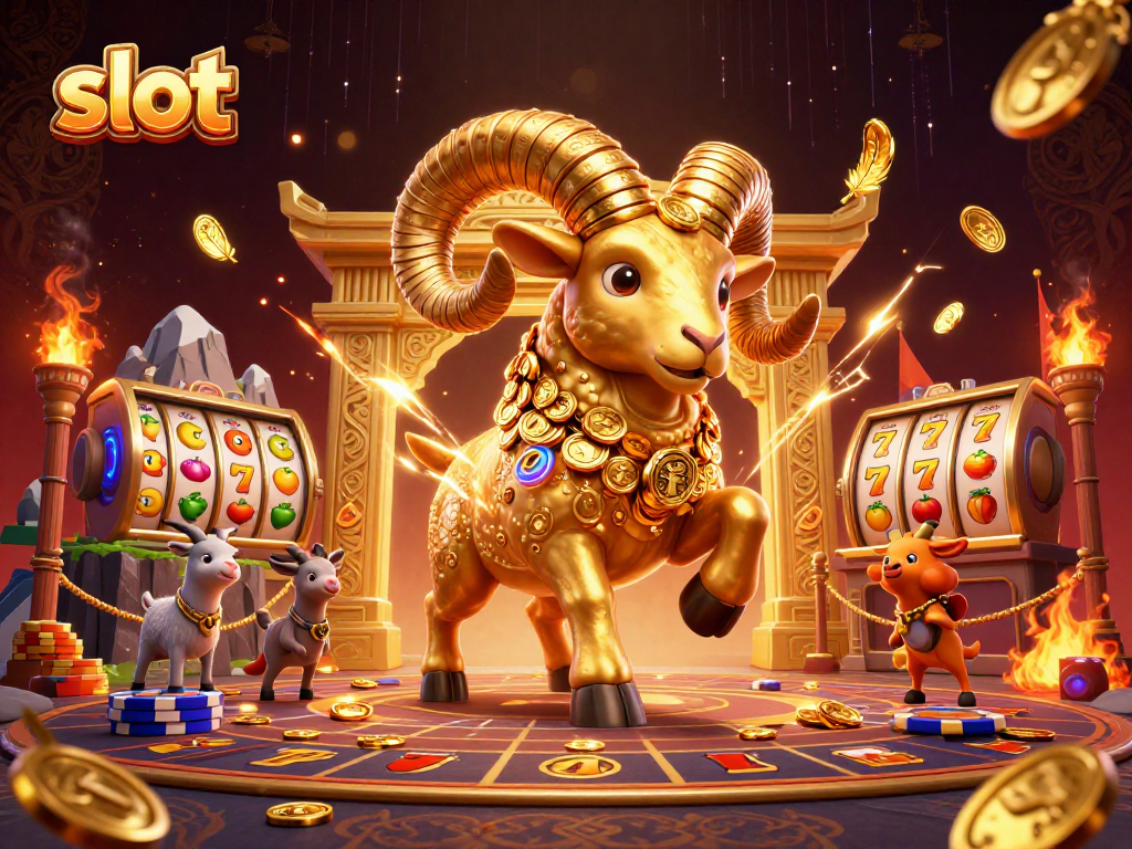 Spin the slots with dynamic golden ram and vibrant casino elements creating excitement.