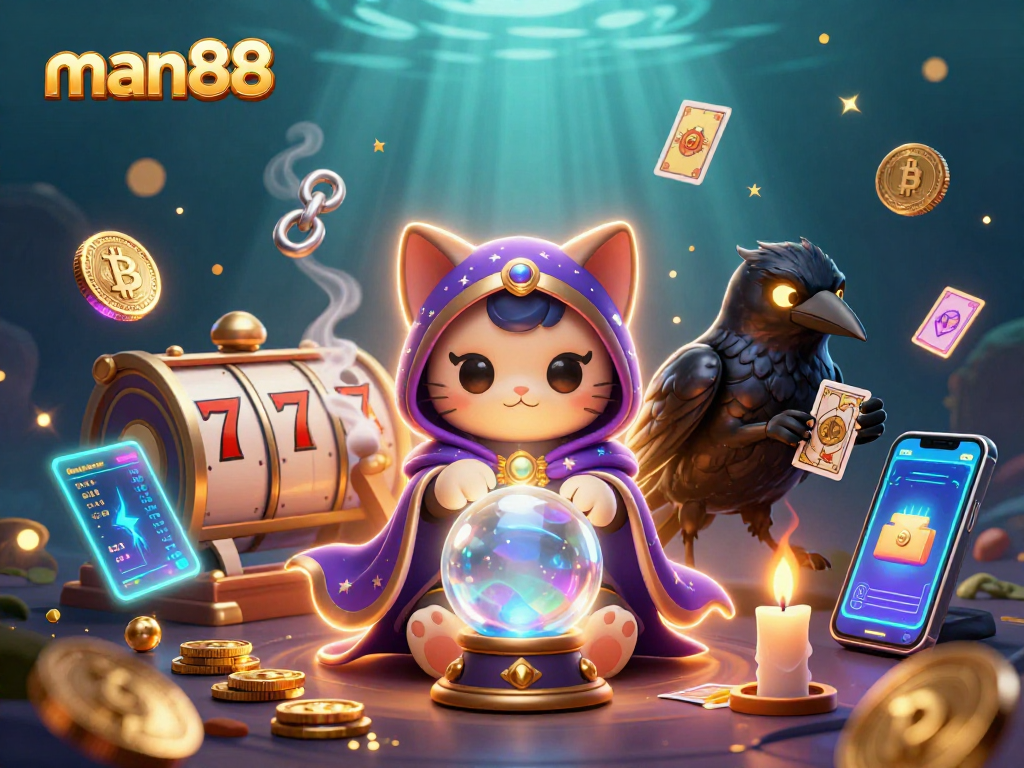 man88 players enjoying slots with vibrant colors and glowing elements in a mystical 3D world