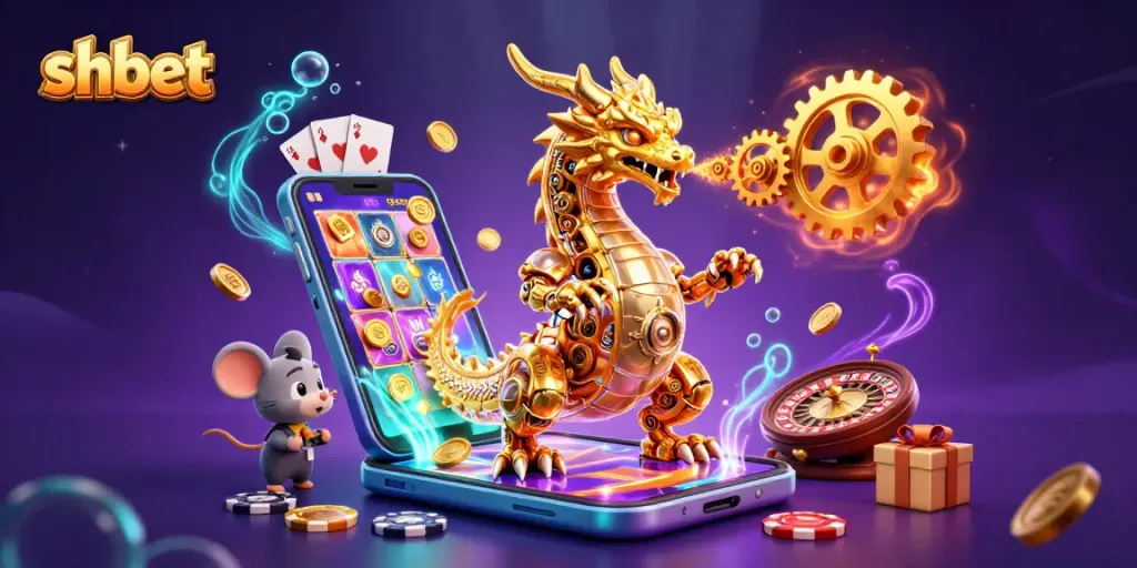 Engage in gaming action at shbet with a dynamic 3D casino illustration featuring a golden dragon and interactive elements.
