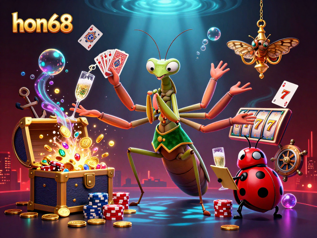 Join the excitement at hon68, where a giant praying mantis card sharp deals at a lively casino scene.