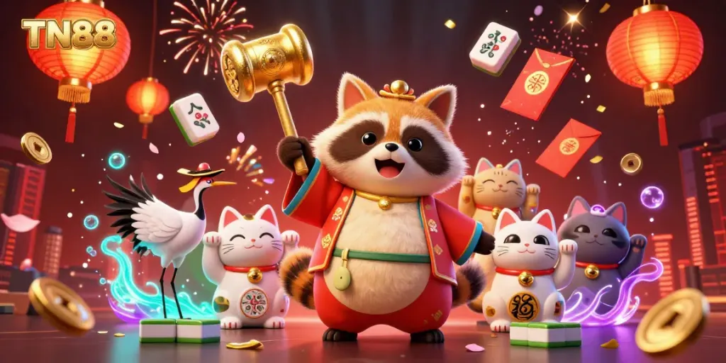 Engage with TN88's vibrant casino scene featuring a lucky tanuki, samurai crane, and colorful fortune cats.