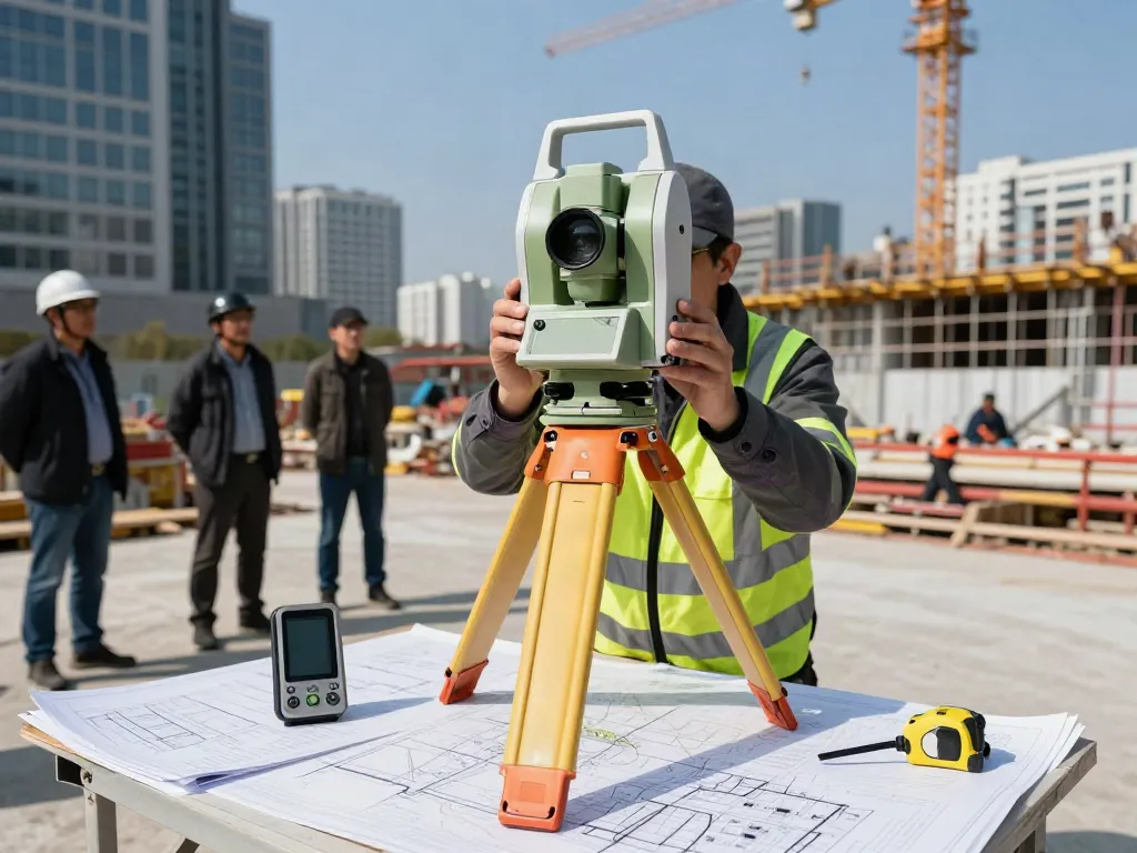 Topographical Survey London with a surveyor using a total station in an urban setting.