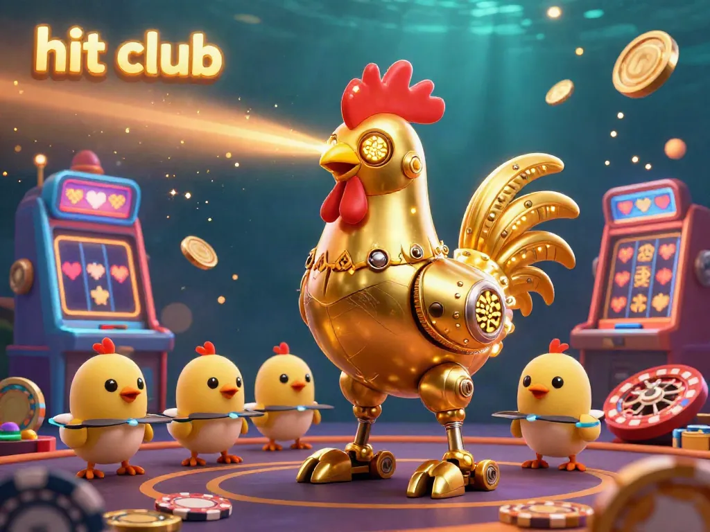 Engage with hit club's gaming adventure featuring vibrant casino elements and a dynamic rooster robot.