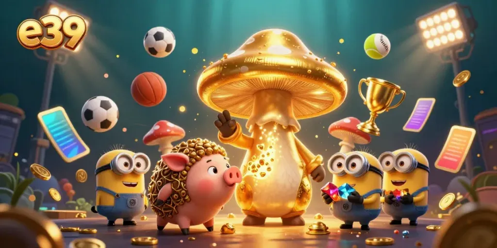 Experience thrilling gameplay at e39 with a 3D golden wizard and treasure-finding pig in a magical casino scene.