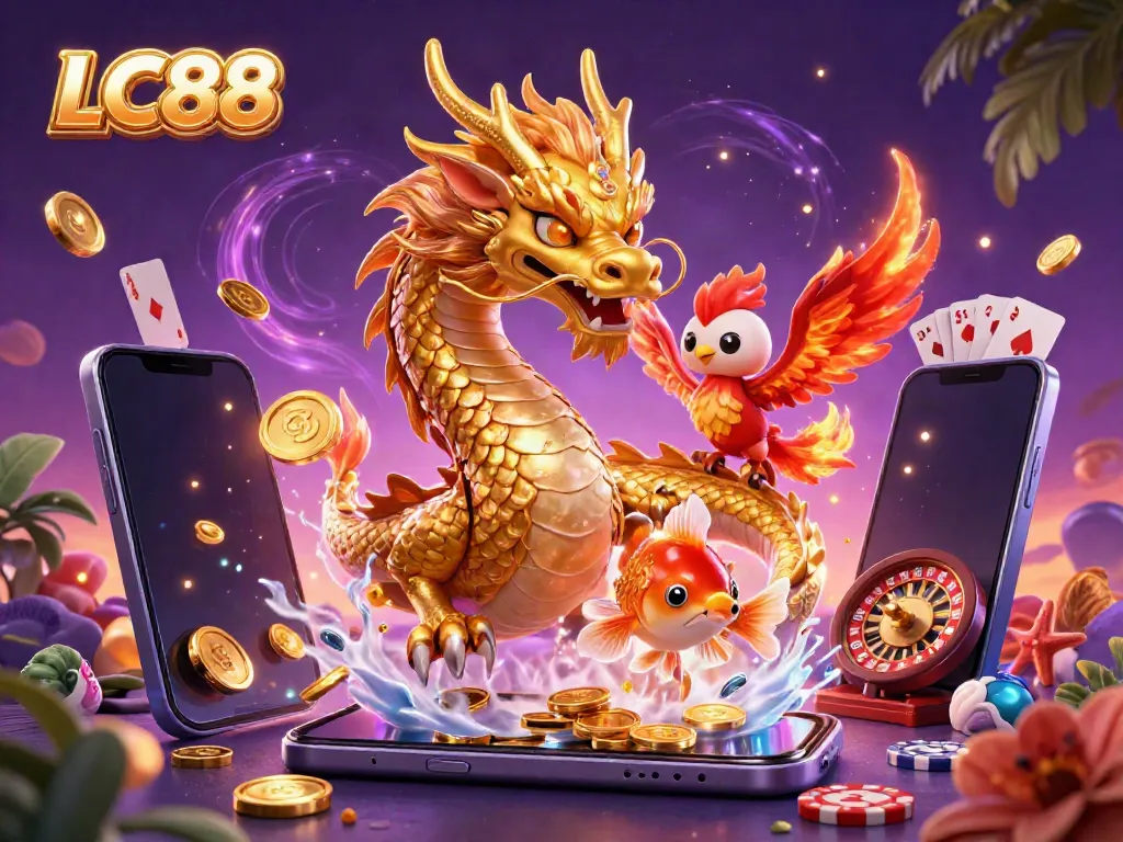 LC88 showcases a thrilling casino scene with a dragon, phoenix, and koi fish, celebrating slots action and luck.