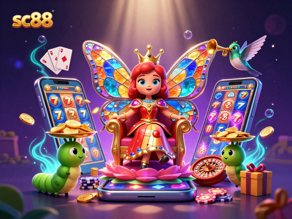 Experience the enchantment of sc88 with a vibrant 3D scene showcasing colorful slot games and a magical butterfly queen.