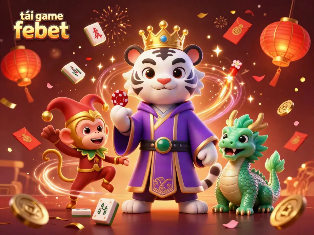 Experience the excitement of tải game febet with a vibrant 3D illustration featuring a royal tiger and lively characters.