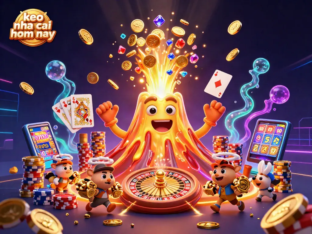 Engage with keo nha cai hom nay while witnessing a golden volcano erupting treasures in a vibrant casino scene.