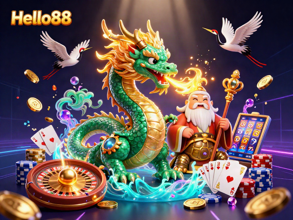 Experience the excitement of Hello88 casino, featuring a jade dragon, lucky cranes, and vibrant gaming elements.