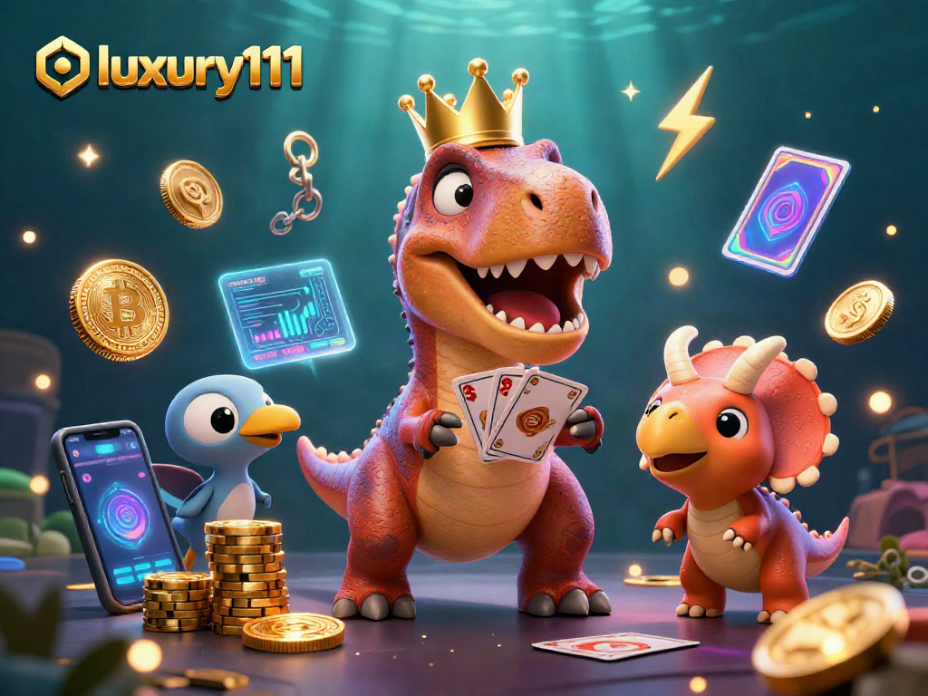 Engage with luxury111 in vibrant casino action featuring dinosaurs shuffling cards and stacking chips.