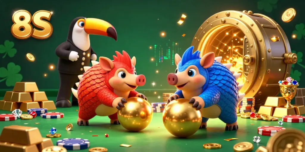 Compete in the thrilling 8S casino showdown with dynamic pangolins, golden treasures, and poker excitement.