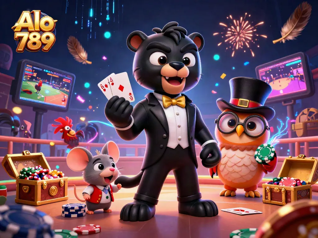 Alo 789 showcases a stunning 3D illustration with a panther dealer and friends amidst a vibrant cockfighting scene.
