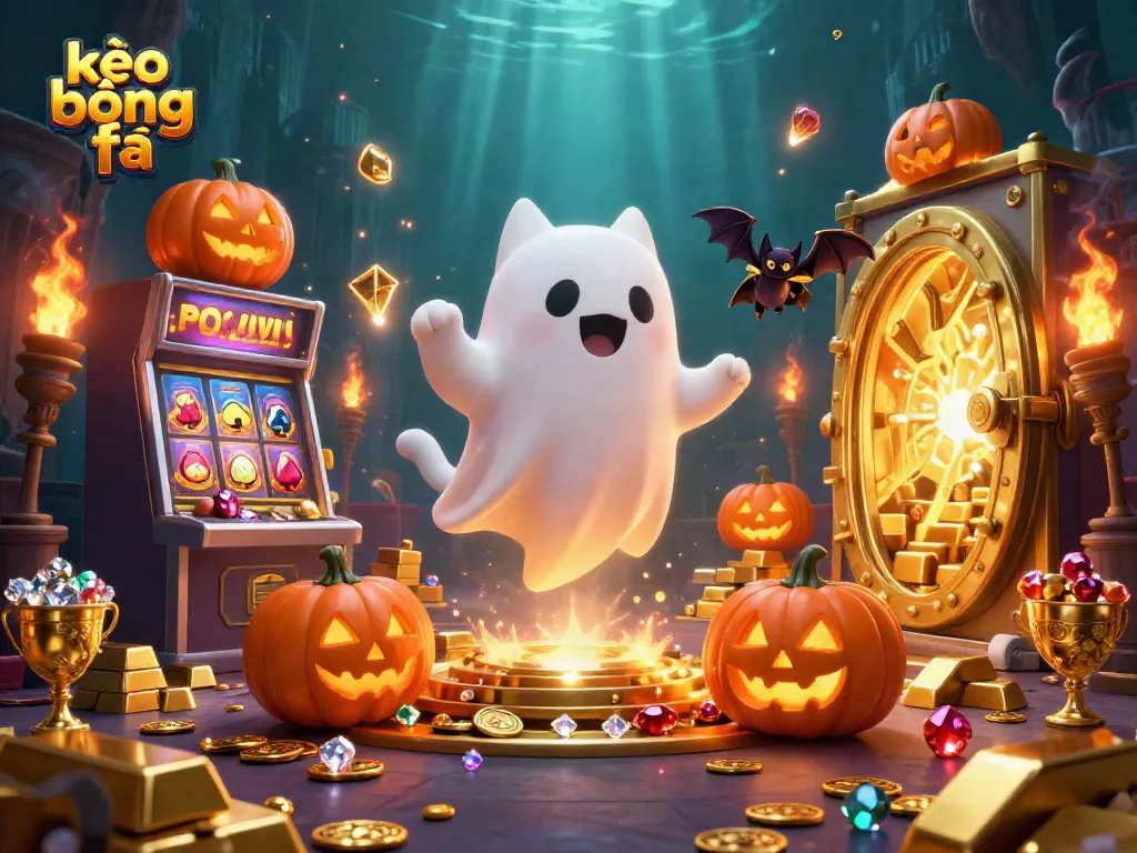 Experience thrilling kèo bóng đá with energetic visuals of a ghost cat and bat in a haunted casino.