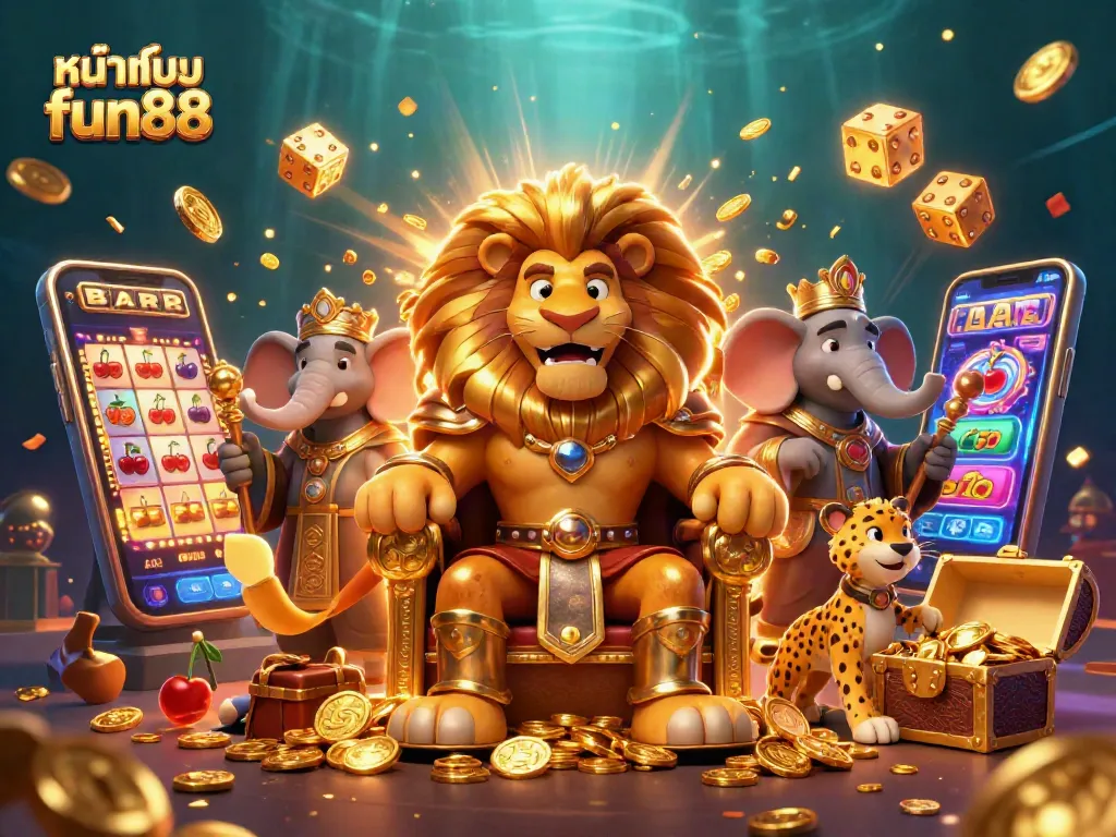 Play to win with หน้าแรก fun88, featuring a lion king, advisor elephant, and speedy cheetah in a vibrant casino scene.