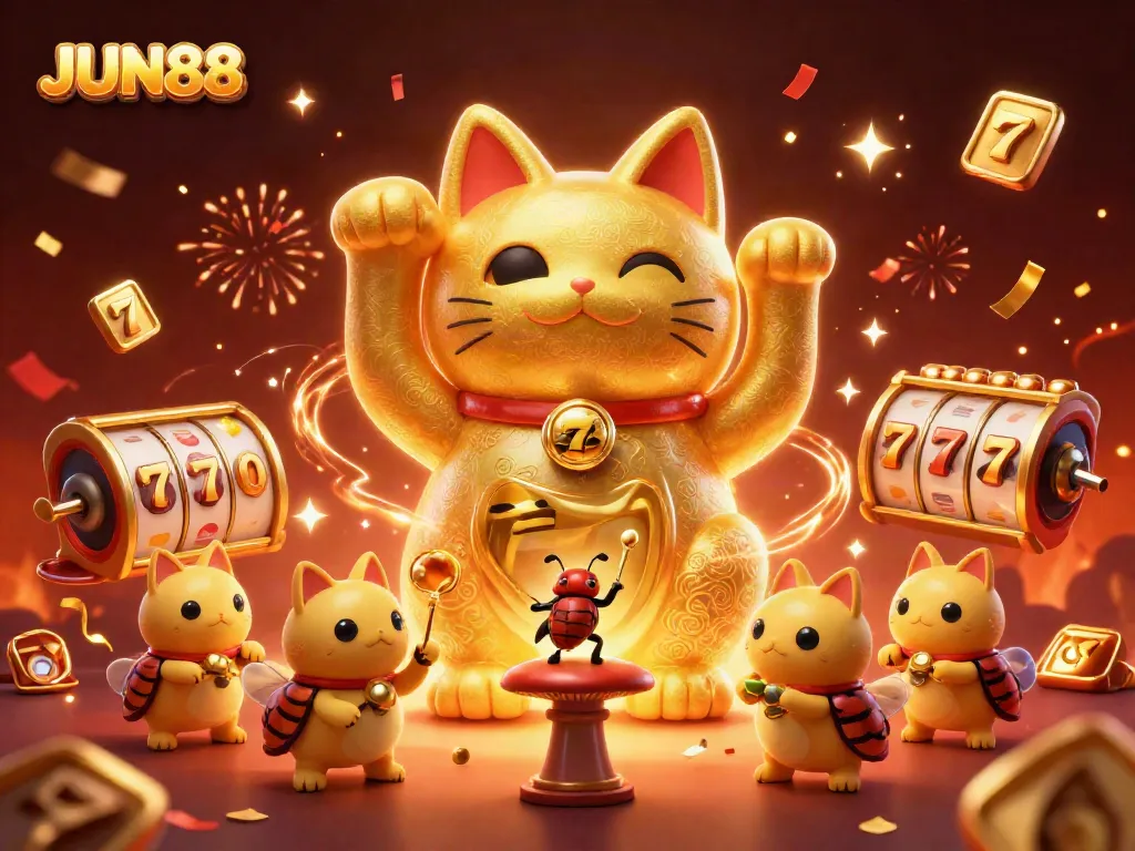 Experience thrilling gameplay with JUN88's giant lucky cat and dynamic casino symbols.