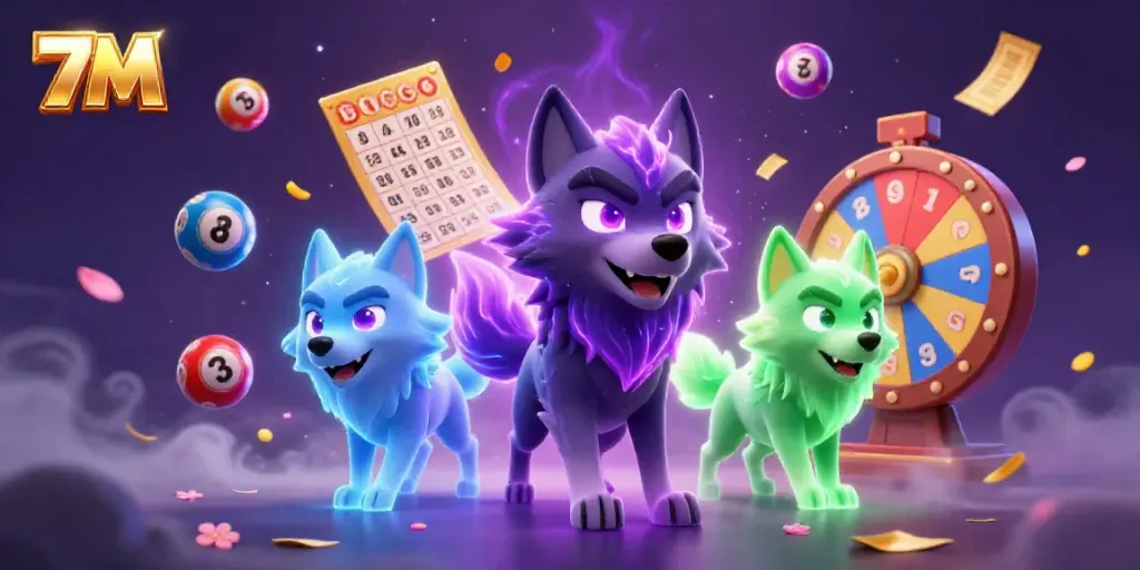 Place bets and monitor live scores with 7M's vibrant lottery scene, featuring animated elements and mystical effects.