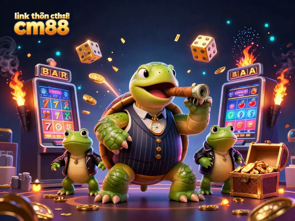 Experience excitement with link không chặn cm88 in a vibrant casino scene featuring a turtle mobster.