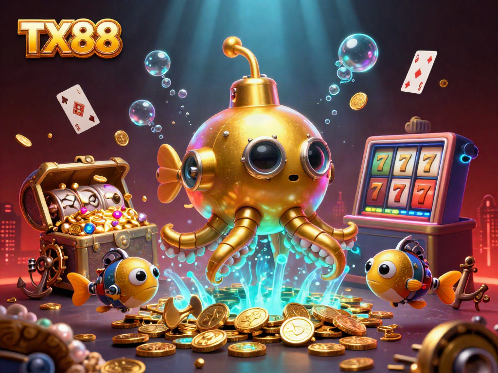 Engage with TX88's dynamic casino scene filled with slot reels, golden coins, and vibrant characters.