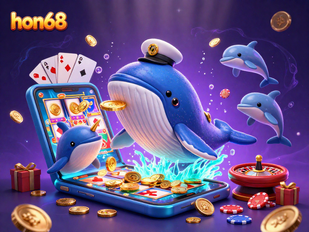 Join the excitement at hon68 with a vibrant 3D illustration showcasing a whale breaching in coins and playful dolphins.