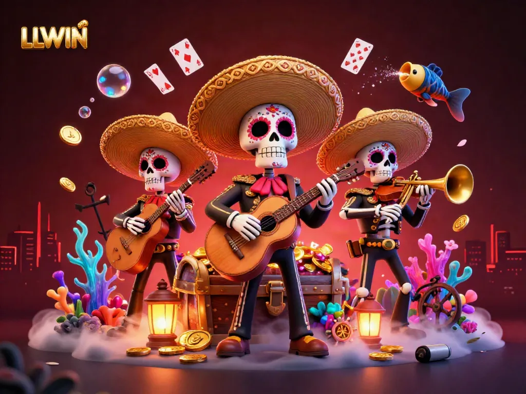 LLWIN's exciting casino scene with a Day of the Dead mariachi band amidst colorful game elements.
