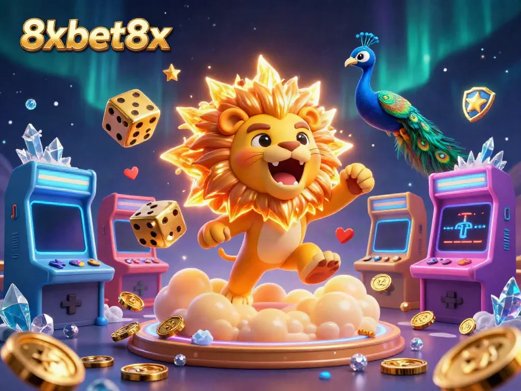 Experience the thrill of gaming with 8xbet8x, featuring a lion, golden dice, and dynamic casino elements.