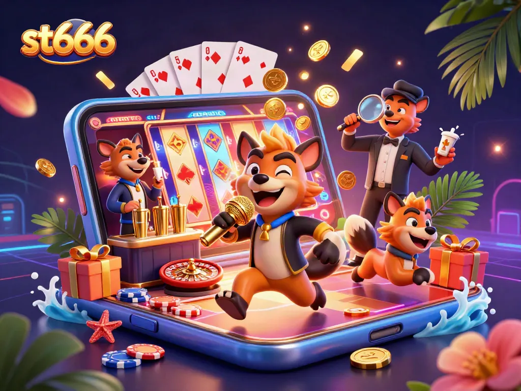 st666 hyenas running a comedy casino scene with vibrant games and elements
