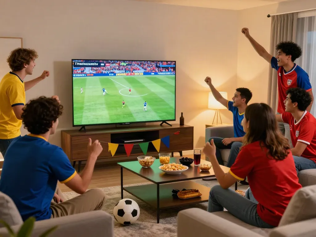 Sports fans enjoying a live football match on Thapcamtv with snacks and drinks.