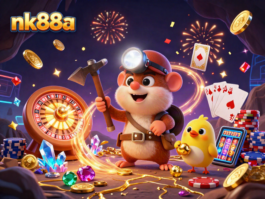 Experience nk88a's vibrant casino scene with a treasure hunter mole amidst sparkling gems and coins.