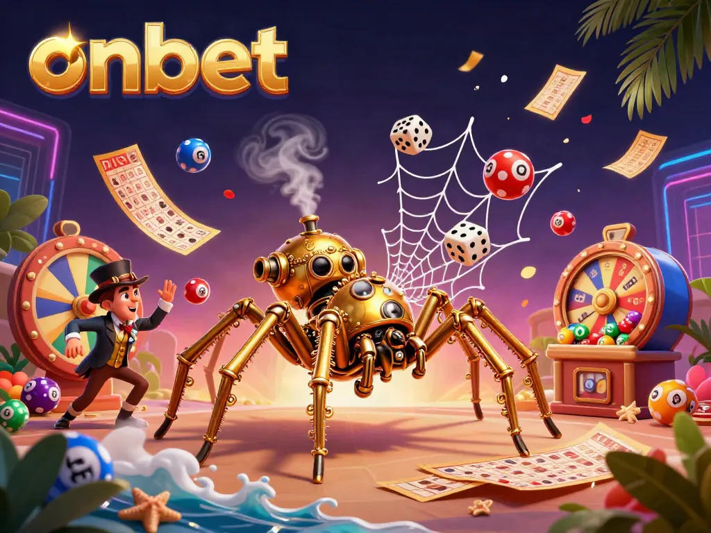 Play exciting games with onbet as a cartoon spider weaves its golden web, capturing dice in a vibrant casino environment.