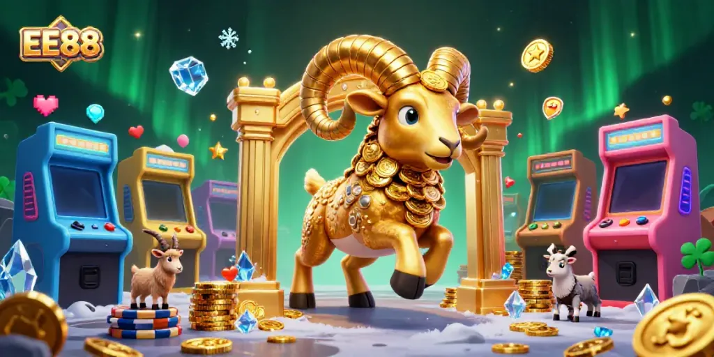 Experience EE88's thrilling casino adventure with a massive golden ram charging through a vibrant gaming scene.